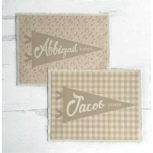 Personalized Nursery Pennant Wall Art, Custom Name Canvas Banner Print, Neutral Gingham Wall Decor Flag, Kids Room Decor