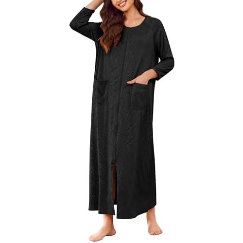 Ekouaer Zipper Robes for Women Ribbed Knit Bathrobe Lightweight Full Length Loungewear with Pockets S-3XL