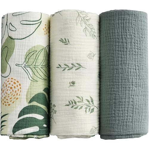 Muslin Swaddle Blankets, 3 Pack Inches Baby Receiving Blanket for Boys Girls, 38 x 40 Green Blanket for Newborns and Toddler Gift, Soft Breathable Swaddle Wrap Burping Clothes for Babies