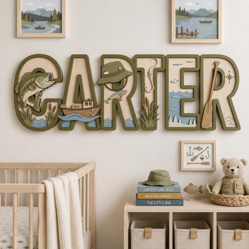 Fishing Nursery Name Sign, Personalized Lake Baby Room Wall Decor, Wooden Bass Boat Letters, Outdoor Adventure Nursery Art, Boy Nursery Gift