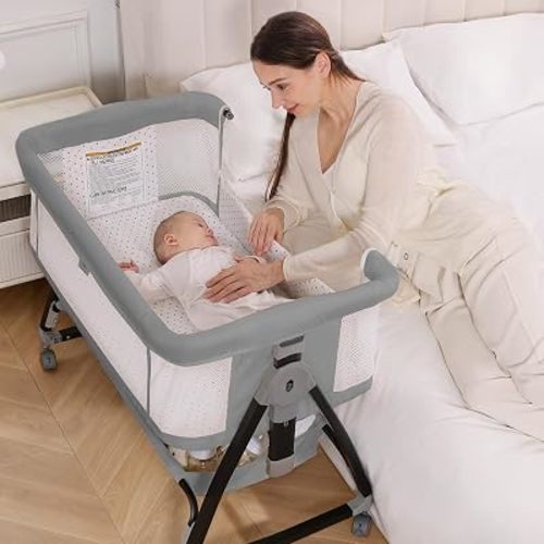 Baby Bassinet, 3-in-1 Bedside Bassinets for Baby, Bassinet Bedside Sleeper with Wheels, Baby Bassinet Bedside Crib with Breathable Mesh, Mosquito Net, 6 Height Adjustable, Large Storage Basket