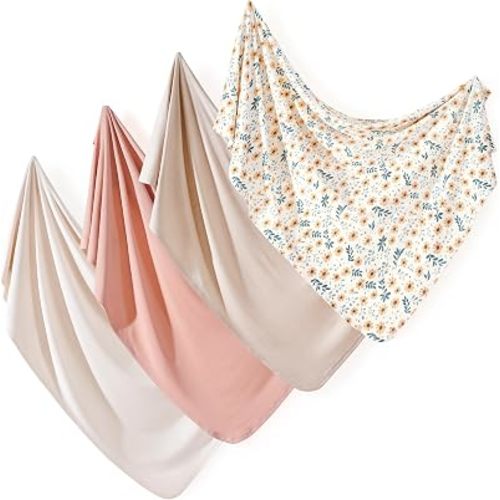 4-Pack Ultra Soft Stretchy Jersey Knit Baby Swaddle Blankets, 33x44