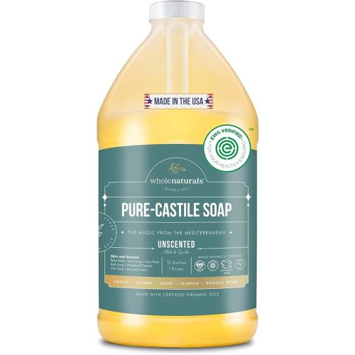 WHOLENATURALS Pure Castile Soap Liquid, EWG Verified & Certified Palm Oil Free Unscented, Natural, Mild & Gentle Non-gmo & Vegan - Organic Body Wash, Laundry, Pet/Dog and Baby Soap - 64 Fl Oz