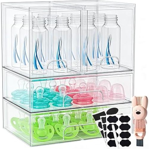 TOOGE Stackable Baby Bottle Organizer: Acrylic Bottle Organizer Baby Storage Drawers Clear Bottle Station Organization for Countertop Cabinet Vanity with 4 in 1 Cup Lid Cleaning Brush & Label - Wide