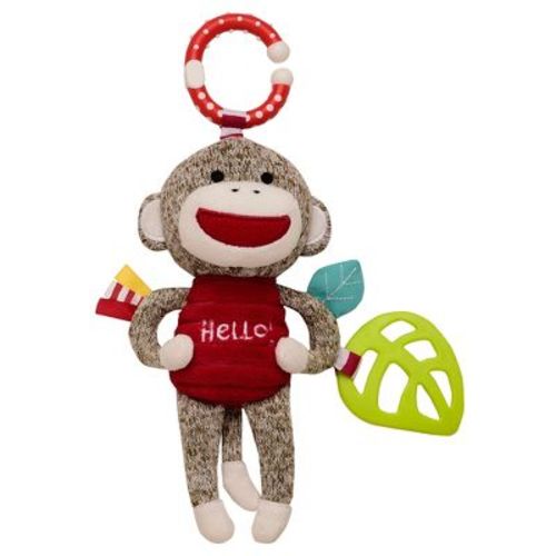 Baby Starters 9 inch Sock Monkey Crinkle, Rattle, Squeak Plush Activity Toy with Travel Hook