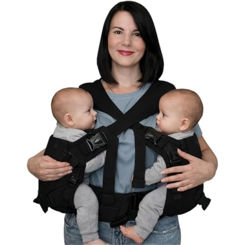 Black 5-in-1 Twin Baby Carrier - Tandem Babywearing Carrier for Twins & Siblings, Adjustable Ergonomic Newborn to Toddler Carrier, Soft Cotton, Back Support, 5 Carry Positions, Fits XS–XXXL