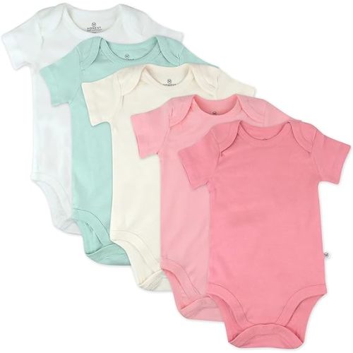 HonestBaby baby-girls 5-pack Short Sleeve Bodysuits One-piece 100% Organic Cotton for Infant Baby Girls