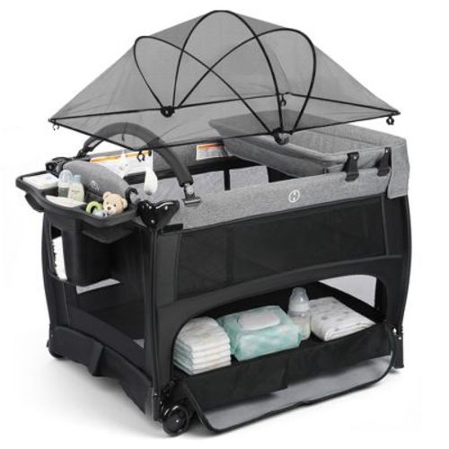 Kinder King 5-in-1 Baby Playard with Bassinet, Bedside Sleeper, Changing Table, Canopy & Side Zipper, Portable Baby Playard