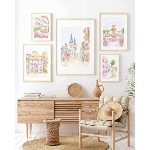 Pastel Pink Set of 5 New Orleans Louisiana Watercolor Print Charleston South Carolina Instant Download American South Travel Printable Art
