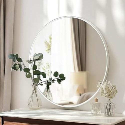 Oruii Large Round Mirror, 30 inch White Circle Mirror, White Metal Frame