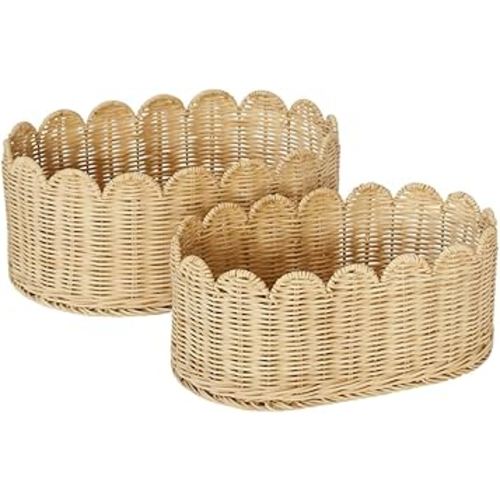 BEBE BASK Premium Scalloped Basket Set Of 2 - Scallop Basket - 16 x 10 x 7 Inch - Hand-Woven Elegant Wicker With Scalloped Edge - Nursery Storage (Natural)