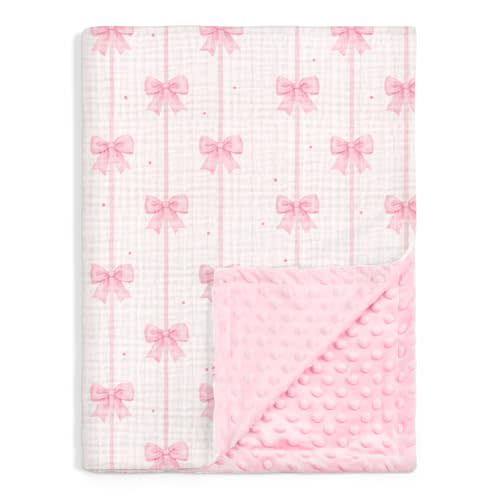 SANDJEST Pink Bow Minky Muslin & Dotted Blanket 30x40 in Gift for Holiday, Gender Reveal Party, Hospital Visit, Baptism