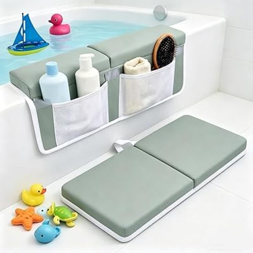 Bath Kneeler and Elbow Rest Pad Set,Quick Dry Soft Kneeling Pad,Baby Bathtub Cushion with Toy Organizer for Bathing Infant or Toddler - Grey Green
