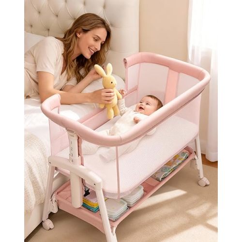3 in 1 Baby Bassinet with Wheels, Bedside Bassinet Sleeper for Newborn, Portable Baby Crib with 7 Adjustable Height & Large Storage Basket & Full-Mesh, Easy Folding Baby Bed for Infant (Pink)