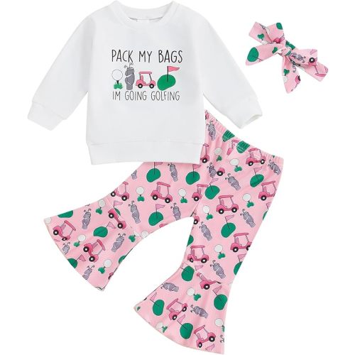 Newborn Baby Girl Golf Outfit Letters Short Sleeve Romper Golf Cart Bell Bottoms 3Pcs Set Infant Summer Clothes
