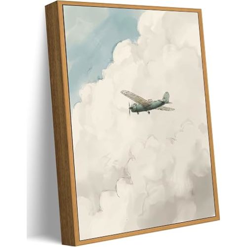 Framed Vintage Airplane Wall Art, Watercolor Sky Clouds Wall Decor, Minimalist Aviation Nursery Painting Picture, Retro Airplane Poster Print for Kids Bedroom Playroom Decoration, 8x10in