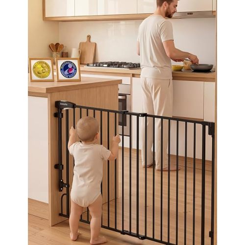 Babelio Removable & No Bottom Bar Baby Gate, 35.5-55" Hardware Mounted (Drill Needed)| Wide Walk-Thru| Auto-Close Safety Dog/Pet Gate for Stairs & Doorways (Black, 35.5-55" W, 30" H)