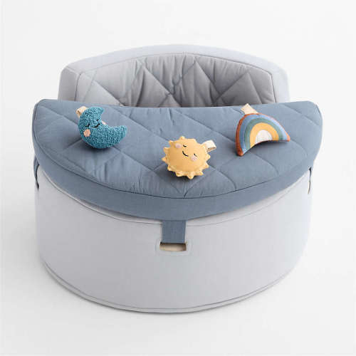 Personalized Organic Washable Blue Baby Activity Chair with Lunar Sun Baby Rattle Set