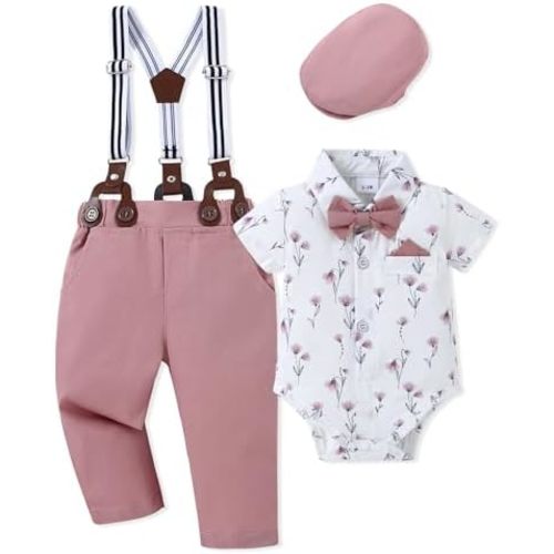 WESIDOM Baby Boy Clothes Suit 0-24M Infant Gentleman Wedding Outfit, Shirt+Bowtie+Beret+Suspender Pants Clothing Set