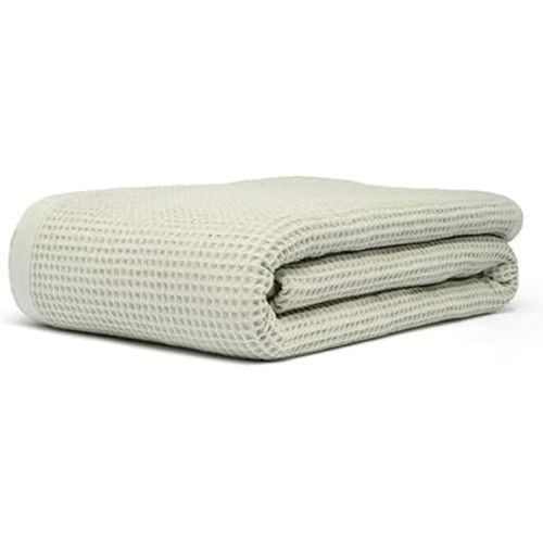 GOTS Certified Organic Cotton Waffle Weave Blanket, Twin Bed, 66"X90"Cozy Throw Blanket for Couch, Modern Home Decor, Throw Blankets, Comfy Waffle Blanket Soft Bed Blankets -Sea Foam