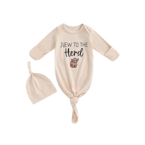 Newborn Baby Boy Girl Sleeper Gown Hat Set Coming Home Outfits Long Sleeve Letter Nightgown Hat Fall Winter Pj Clothes