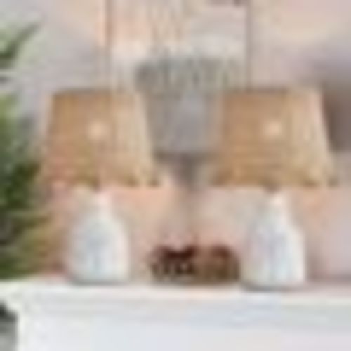 Maxax White Ceramic Table Lamps Set of 2, Farmhouse 16.5" Bedside Lamps with Rattan Shades for Living Room, Bedroom, End Table, Office