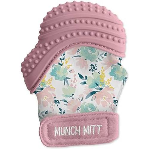 Malarkey Kids Baby Teething Mitten, Munch Mitt Baby Chew Toy - Protects Hands from Chewing & Saliva, Heals Aching Gums, Promotes Sound & Visual Stimulation for Babies Up to 1-Year-Old (Pink Floral)