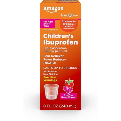 Amazon Basic Care Children's Ibuprofen Oral Suspension 100 mg per 5 mL, Pain Reliever and Fever Reducer, Non-Staining Dye-Free Berry , For Sore Throat, Headache and Toothache, 8 fl oz (Pack of 1)