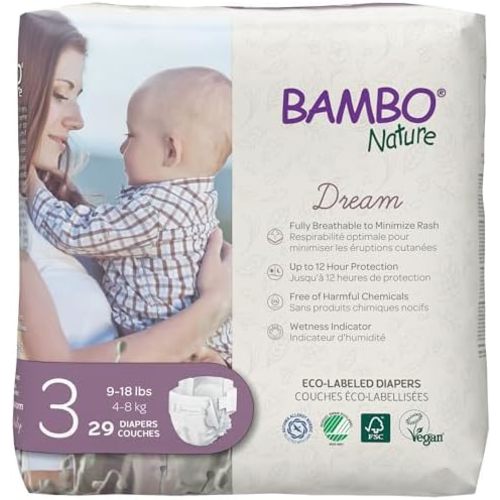 Bambo Nature Hypoallergenic Dream Baby Diapers, Eco-Labeled Sustainable Diapers, Enhanced Leakage Protection, Totally Chlorine-Free, Skin Friendly, and Super Absorbent - Size 3 (9-18lbs) - 29 Count