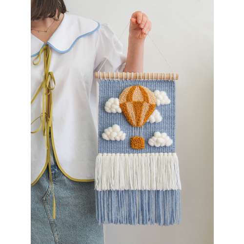 Hot Air Balloon and Clouds Woven Wall Hanging: Merino Wool Adventure Nursery Decor