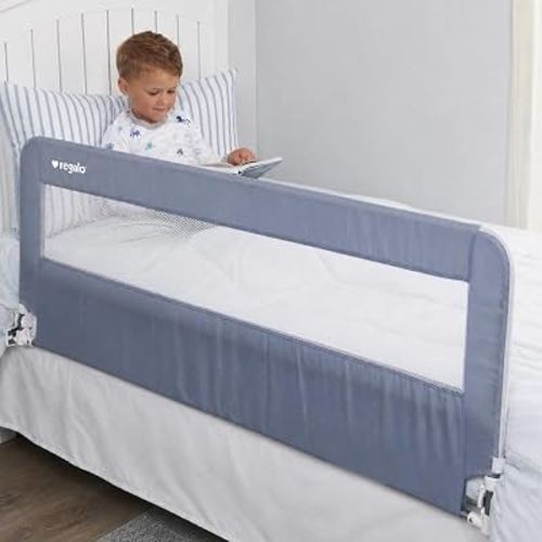 Regalo Safety 54” Extra Long Hideaway Bed Rail Guard for Toddlers, Toddler Bed Rail with Reinforced Anchor Safety System, 20” Tall Bed Safety Rail, Fits Twin, Full & Queen Beds, Gray