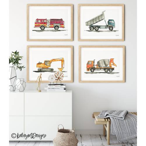 Set of 4 Construction Vehicle Wall Art, Kids Gallery Wall Set, Transportation Truck Art Print, Dump Truck, Fire Truck, Toddler Room Decor