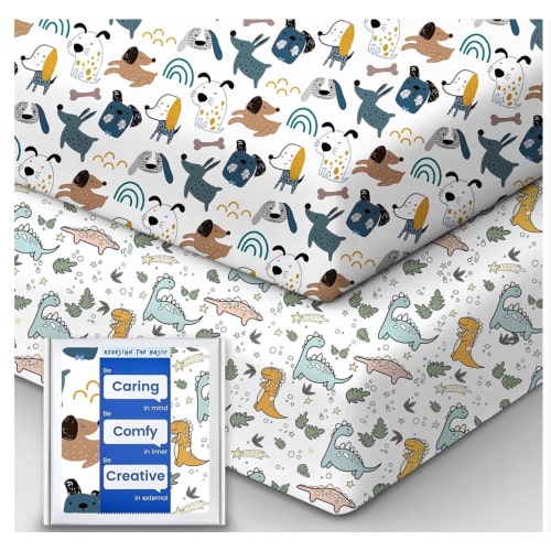 Pack and Play Sheets Fitted, Ultra Soft Mini Crib Sheets Boy, Neutral Pack N Play Mattress Sheets Hypoallergenic and Soothing, Premium Jersey Playrad Sheets, Print Dino Animals, 2 Pack