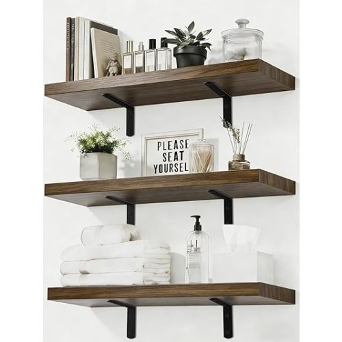 Floating Shelves for Wall,15.7Inch Rustic Wall Mounted Solid Wood Shelves Set of 3, Picture Ledge Display Shelf for Living Room Bedroom Kitchen, Farmhouse Decor Shelf for Books Plants Frames,Brown