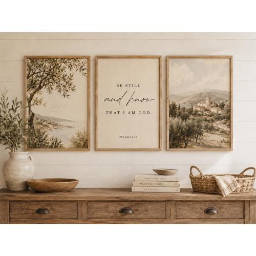 Christian Wall Art Set, Psalm 46:10 Vintage Landscape Prints, Neutral Farmhouse Decor