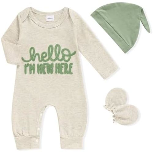 GRNSHTS Newborn Baby Boy Romper Coming Home Outfits Letter Print Bodysuit Jumpsuit+Hat+Gloves 3PCS Clothes Set
