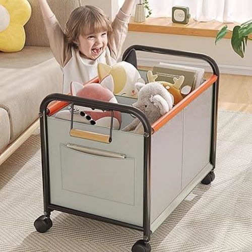 Children's toy Organizer With Wheels for Bedrooms, toy Rooms, Playrooms can hold toys, Books, Clothes, Snacks with 360° Steering Wheels Metal and Oxford Cloth toy Boxes (White, Small Size)
