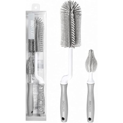 Moyuum Silicone Baby Bottle and Nipple Brush Set | Made in Korea, 360 Degree Rotating Handle, Soft Bristles, Hanging Hole for Quick Drying and Storage, Dishwasher Safe (Cool Grey)