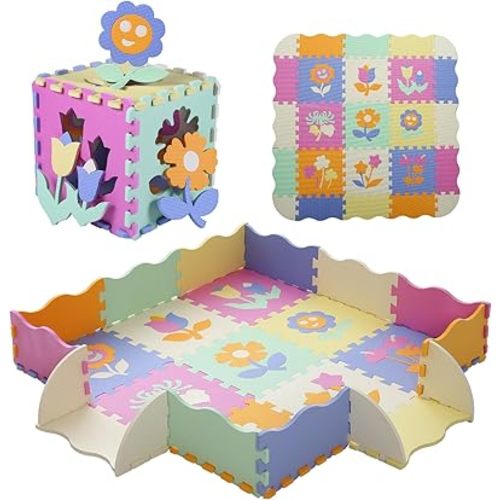 Foam Play Mat for Kids，25Pcs Square Interlocking Puzzle Floor Mat，Baby Play Mat Floor Mat Foam Puzzle Playmat for Toddlers with Fence（Flower-CSH037