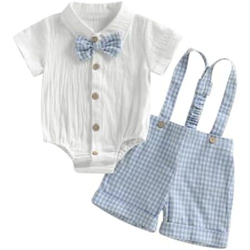 Baby Boy Clothes Set Infant Bow Tie Button Down Shirt Bodysuit Top Striped/Plaid Shorts 2Pcs Summer Outfit