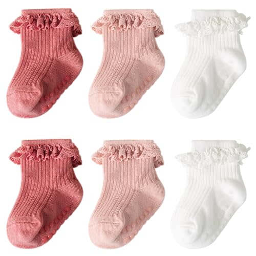 DRESHOW BQUBO Baby Girls Toddler Anti Slip Socks - Cute Frilly Ruffle Grip Ankle Socks for Infant Toddler