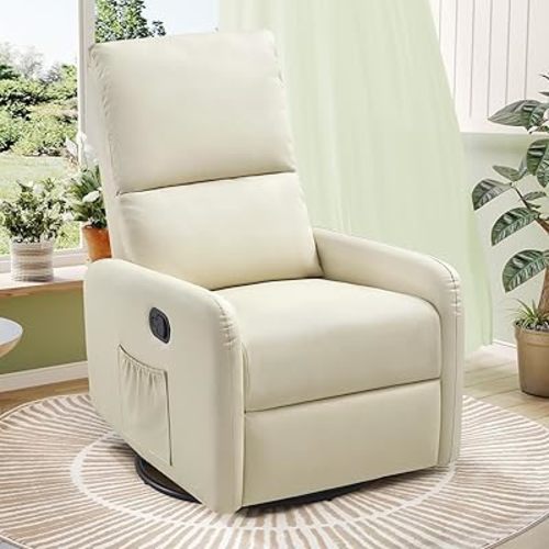 Jocisland Swivel Rocker Recliner Chair for Adults, Nursery Rocking Reclining with High Back, Small Glider for Small Spaces/Living Room/Bedroom/Nursing, Cream Leather