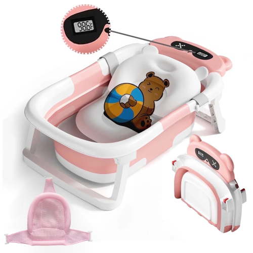 stusgo Collapsible Baby Bath Tub, Folding Infant Bath Tub with Cushion and Thermometer, Pink