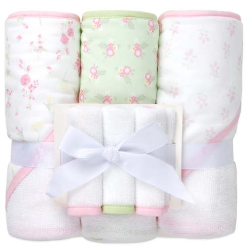Jessica Simpson Baby 6-Piece Hooded Towel & Washcloth Set – Soft Polyester Baby Bath Towels – Pink & Green Floral Design