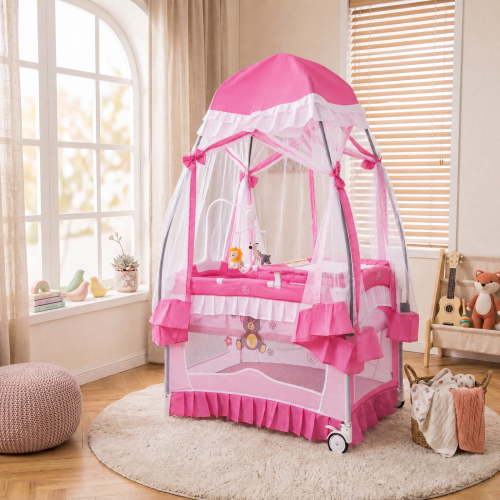 ELLEGNT 4 in 1 Portable Baby Playard Bassinet with Changing Table Mesh Net Wheels Pink