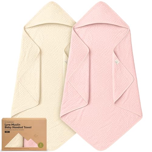 KeaBabies Muslin Hooded Baby Towels for Newborn Girls, Boys - 2-Pack, 30x30 Organic Cotton Baby Bath Towels Hooded, Soft Absorbent, Toddlers, Kids, Infant, Newborn Bath Essentials (Rose Ivory, Petite)