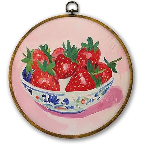 Mcehtle Chinoiserie Strawberries Bowl Pink Wall Art Decor, Vintage Rustic Farmhouse Kitchen Framed Canvas Prints 10x10, Funky Fruit Strawberries Modern Round Wall Hanging Artwork Decorations for Dining Room