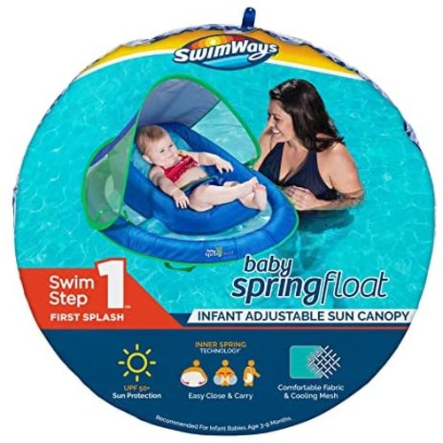 SwimWays Inflatable Infant Baby Spring Swimming Pool Float with Canopy, Blue