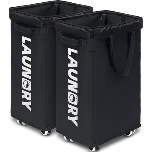 Goodpick Laundry Basket with Wheels, 2-Pack 75L Rolling Laundry Hamper with Removable Wash Bags, Collapsible Laundry Basket for Corner Dorm, Black