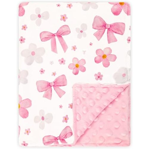Hooyax Baby Blanket for Girls, 30x40 Inch Double-Sided Soft Blanket with Bow & Flower Print, Soft Plush & Dotted Backing, Swaddling Receiving Blanket for Travel, Stroller & Nursery, Baby Gift